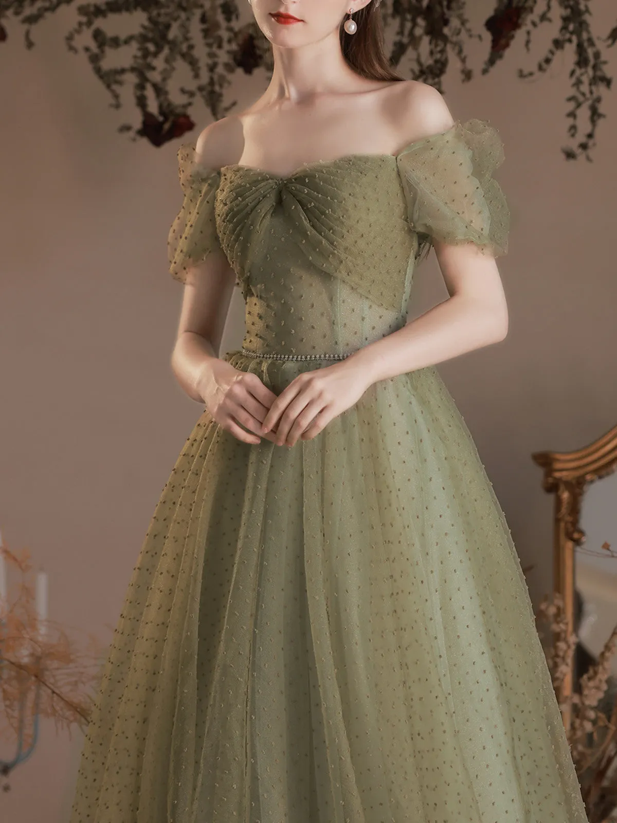 A-line Green Off Shoulder Tulle Long Party Dress, Green Simple Floor Length Prom Dress