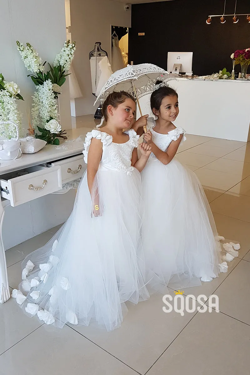 A-line Scoop 3D Flower Ivory Flower Girl Dress First Communion Dress QF1029