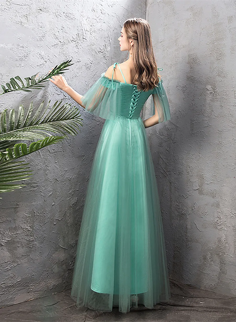 A-line Tulle Blue Floor Length Party Dress, Simple Prom Dress Long Wedding Party Dress