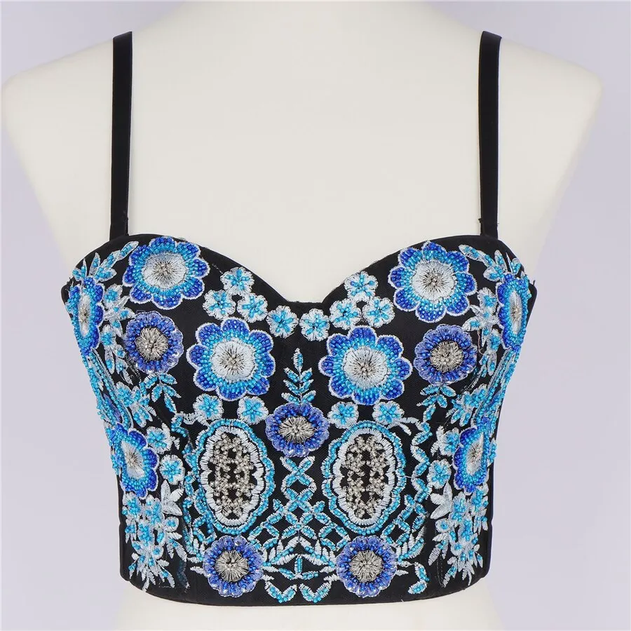 Autumn Bodice Sleeveless Women Sexy Slim?Embroidery Beading Crop Top Nightclub Show Camis Top With Built In Bra