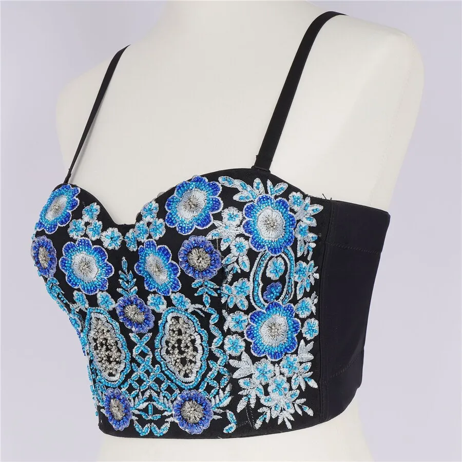 Autumn Bodice Sleeveless Women Sexy Slim?Embroidery Beading Crop Top Nightclub Show Camis Top With Built In Bra