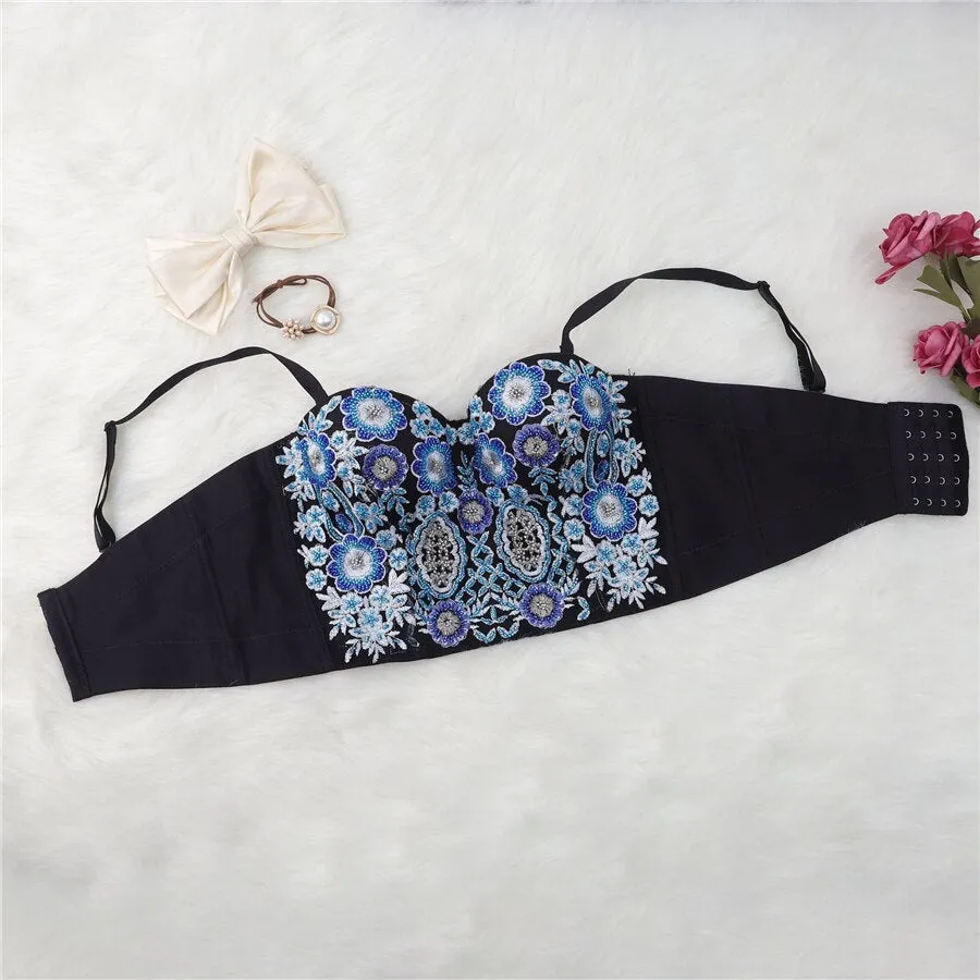 Autumn Bodice Sleeveless Women Sexy Slim?Embroidery Beading Crop Top Nightclub Show Camis Top With Built In Bra