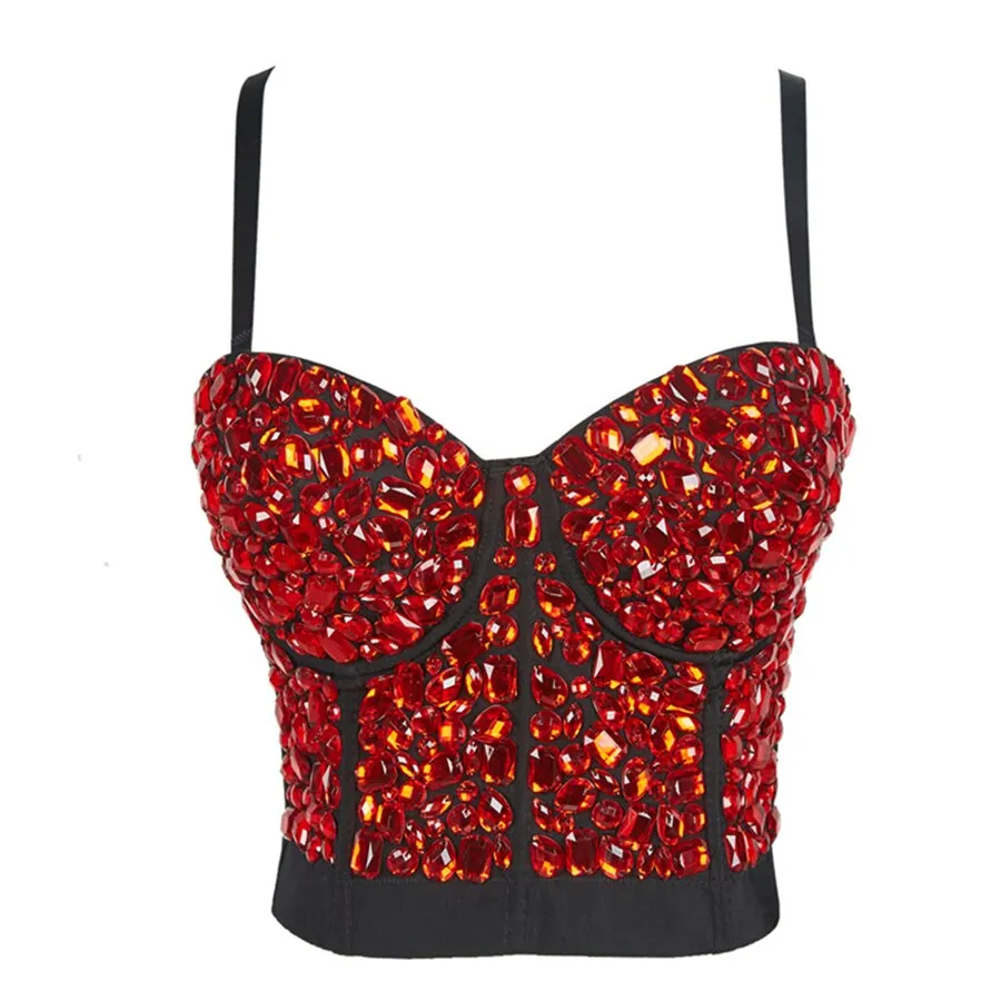 Beading Red Acrylic Performance Sexy Push Up Bralette Cropped With Built In Bra Corset Spaghetti Strap Camisole With Cups