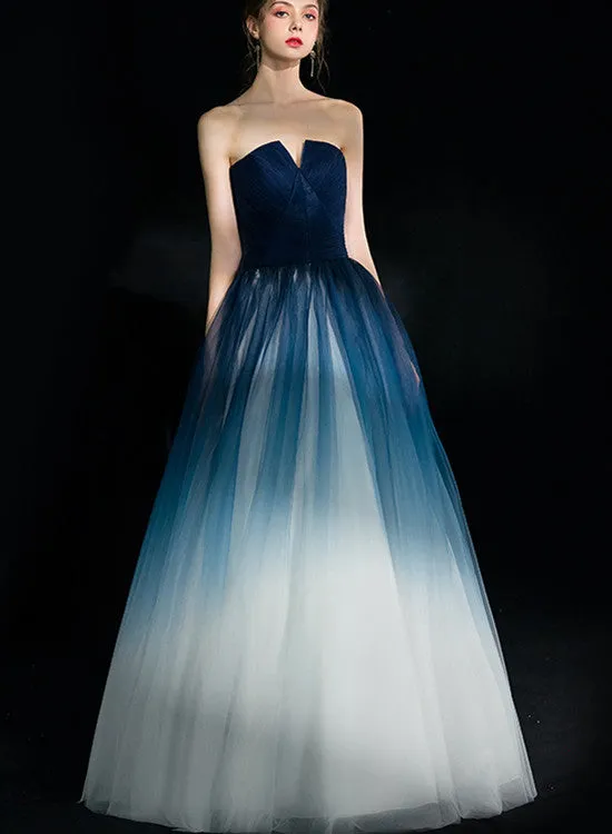 Beautiful Blue Gradient Tulle Formal Dress, Floor Length Blue and White Party Dress