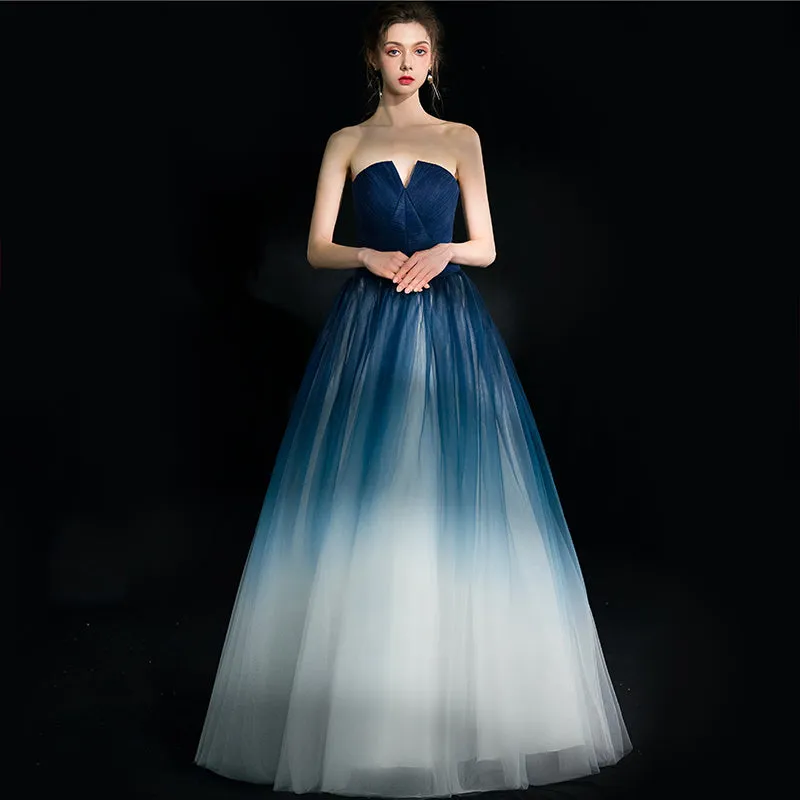 Beautiful Blue Gradient Tulle Formal Dress, Floor Length Blue and White Party Dress