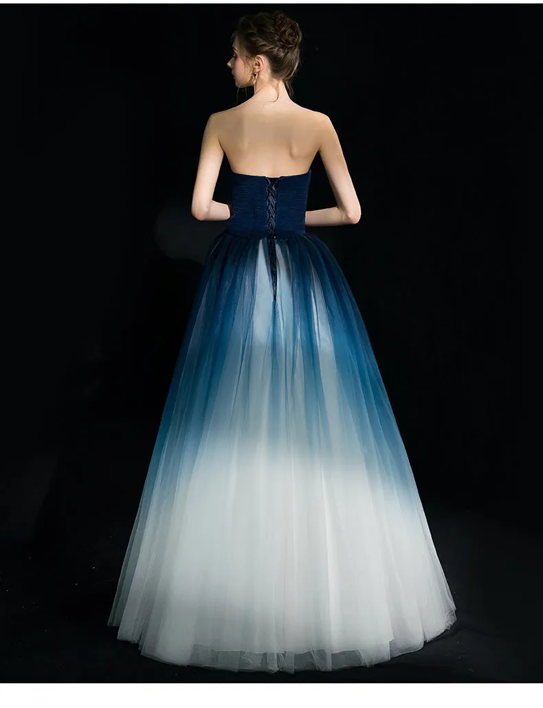 Beautiful Blue Gradient Tulle Formal Dress, Floor Length Blue and White Party Dress