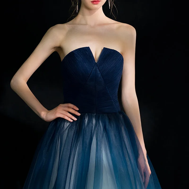 Beautiful Blue Gradient Tulle Formal Dress, Floor Length Blue and White Party Dress