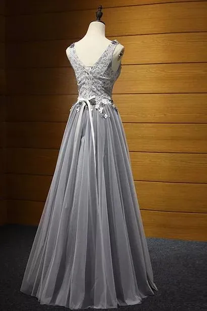 Beautiful Grey Scoop Floor length Tulle Prom Dress,Wedding Party Dress