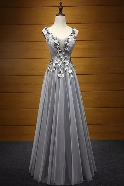 Beautiful Grey Scoop Floor length Tulle Prom Dress,Wedding Party Dress