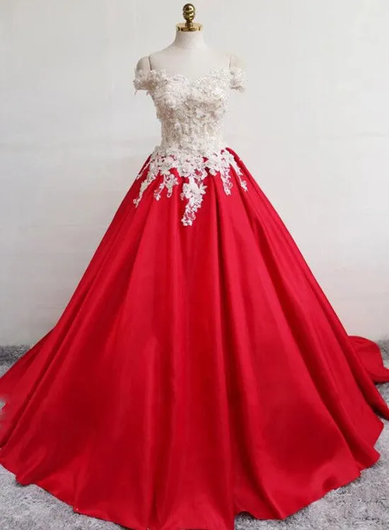 Beautiful Red Stain Off Shoulder Floor Length Party Dress with Applique, Party Dress