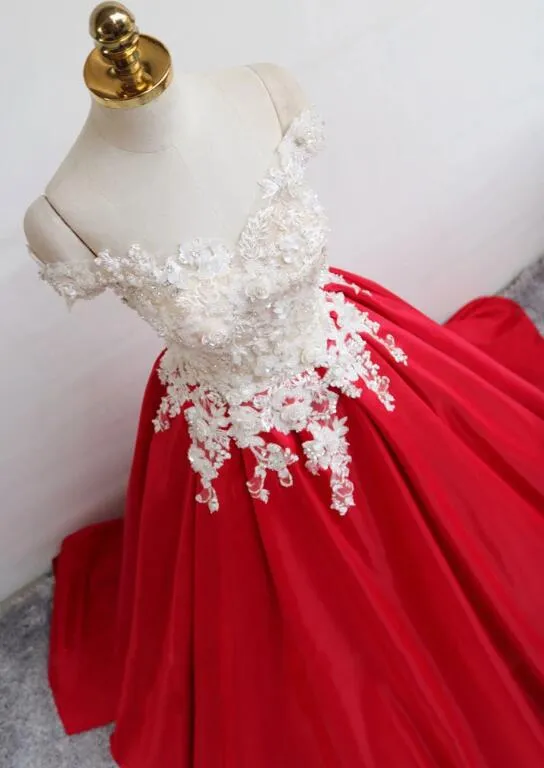 Beautiful Red Stain Off Shoulder Floor Length Party Dress with Applique, Party Dress