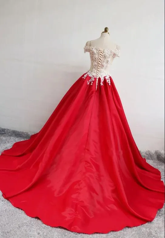 Beautiful Red Stain Off Shoulder Floor Length Party Dress with Applique, Party Dress