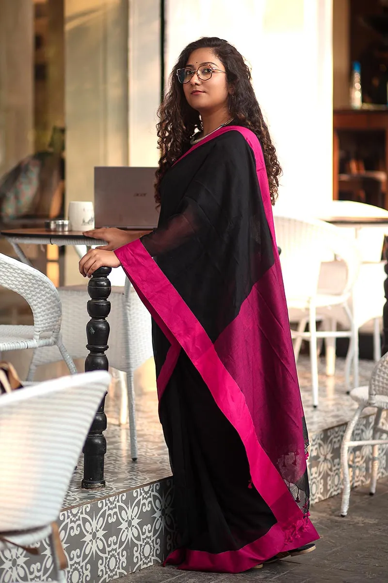 Black & Pink Handwoven Mulmul Cotton Saree