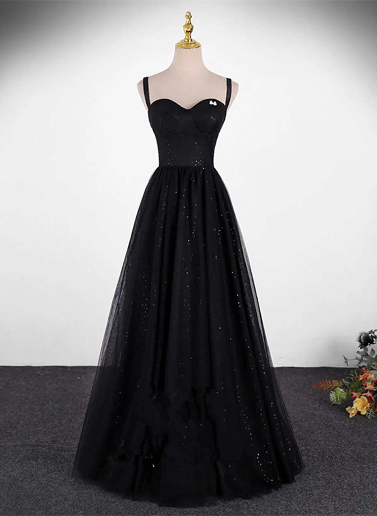 Black A-line Tulle Straps Floor Length Party Dress, Black Tulle Prom Dress