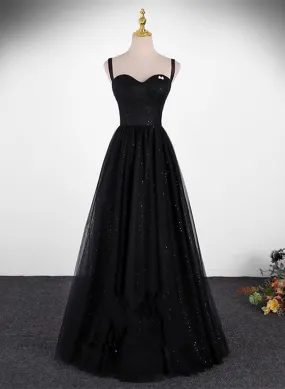 Black A-line Tulle Straps Floor Length Party Dress, Black Tulle Prom Dress