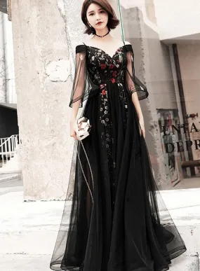 Black Floral Off Shoulder Floor Length Party Dress, Black Tulle Prom Dress Formal Dress