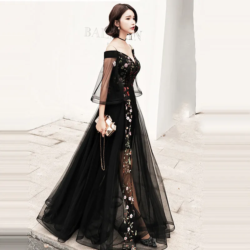 Black Floral Off Shoulder Floor Length Party Dress, Black Tulle Prom Dress Formal Dress