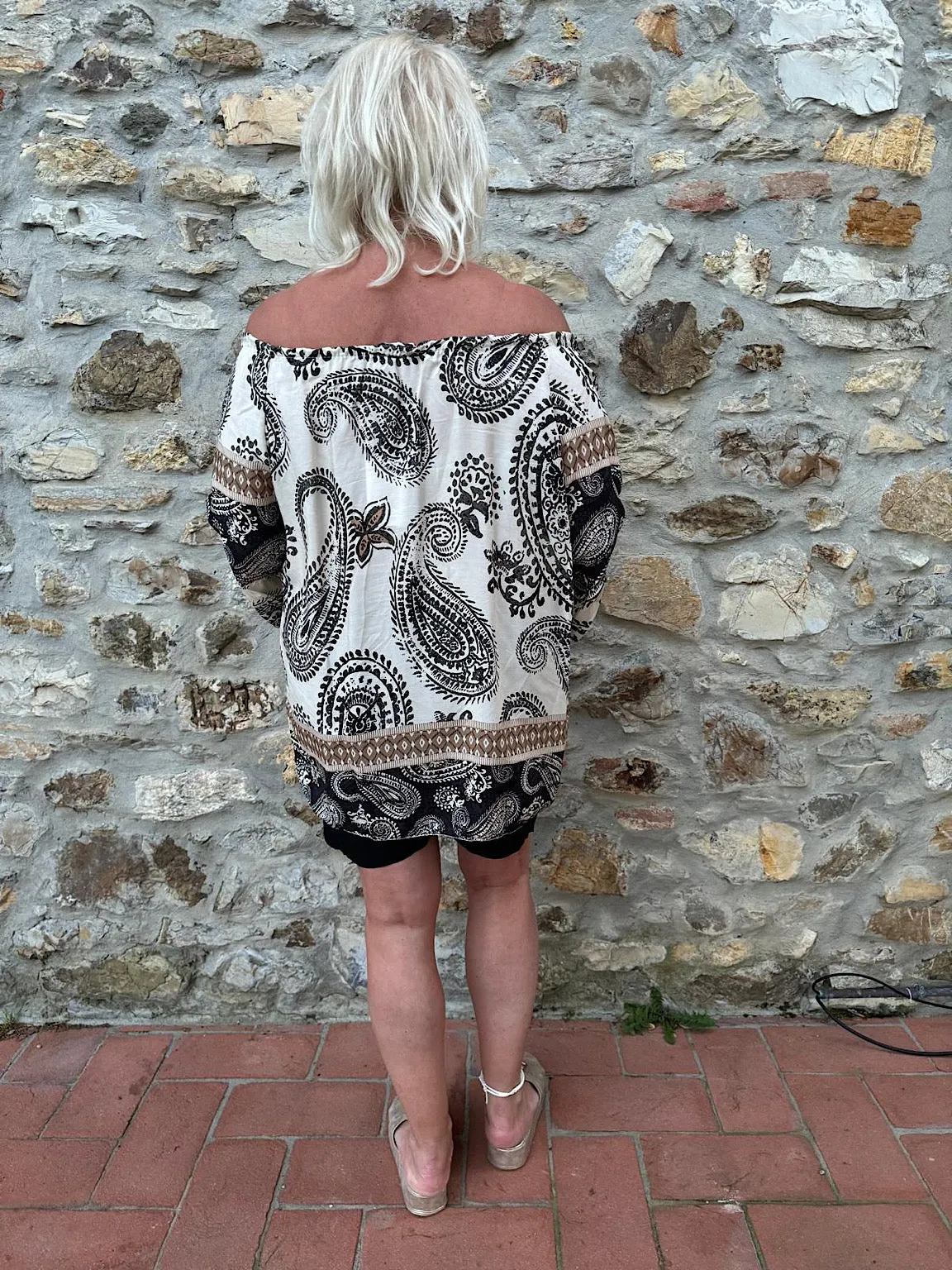 Black Paisley Bardot Tassel Blouse Maria