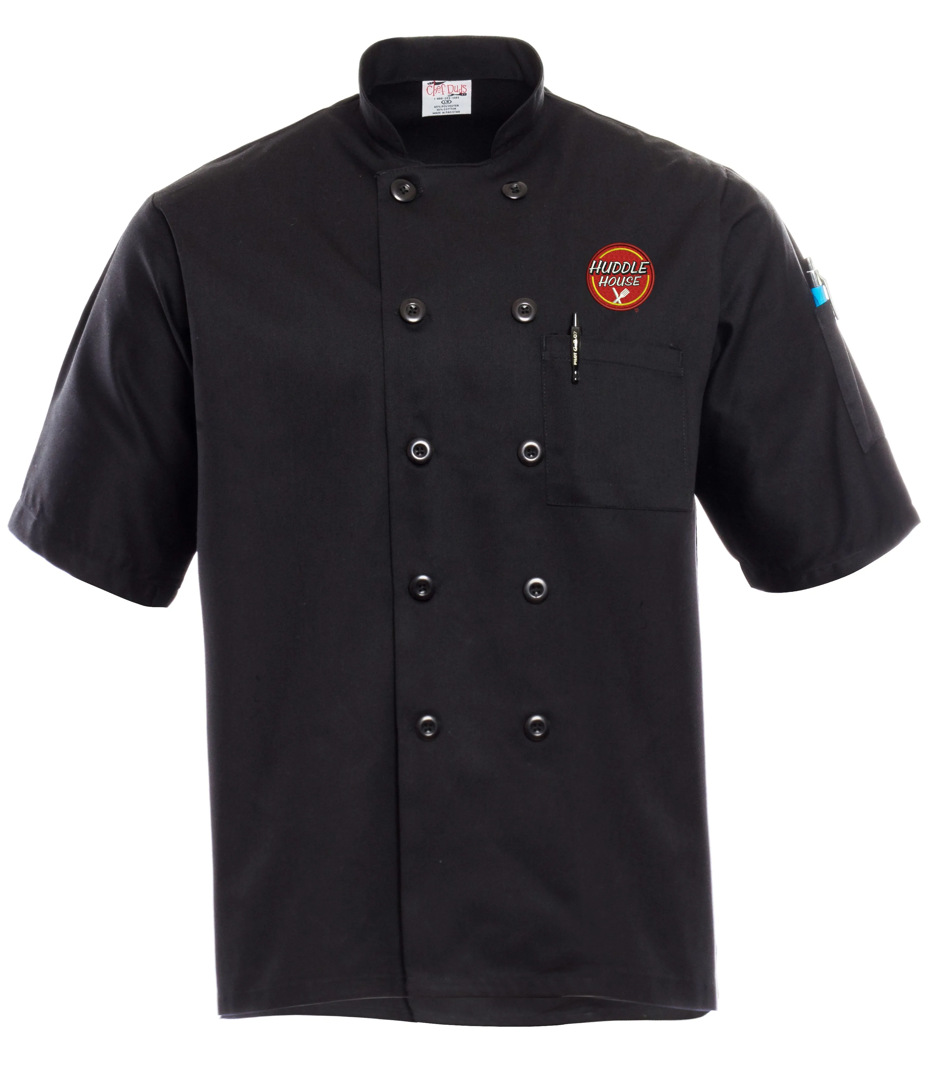 Black Short-Sleeve Chef Coat With Huddle House Logo