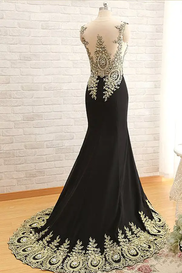 Black Trumpet Sweep Train Sheer Neck Sleeveless Peacock Embroidered Beading Prom Dresses