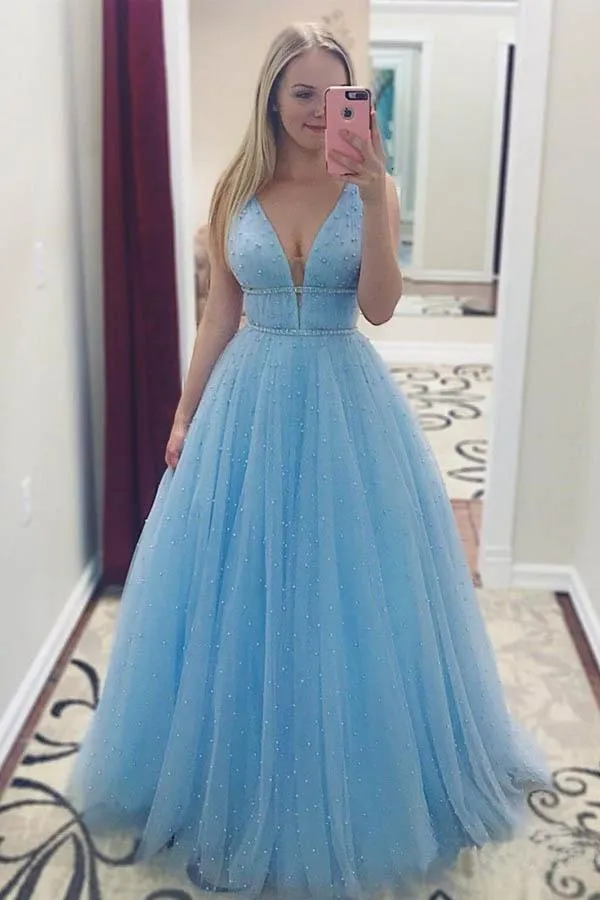 Blue Tulle Plunge V neck Occasion Prom Dress with scattering Beading