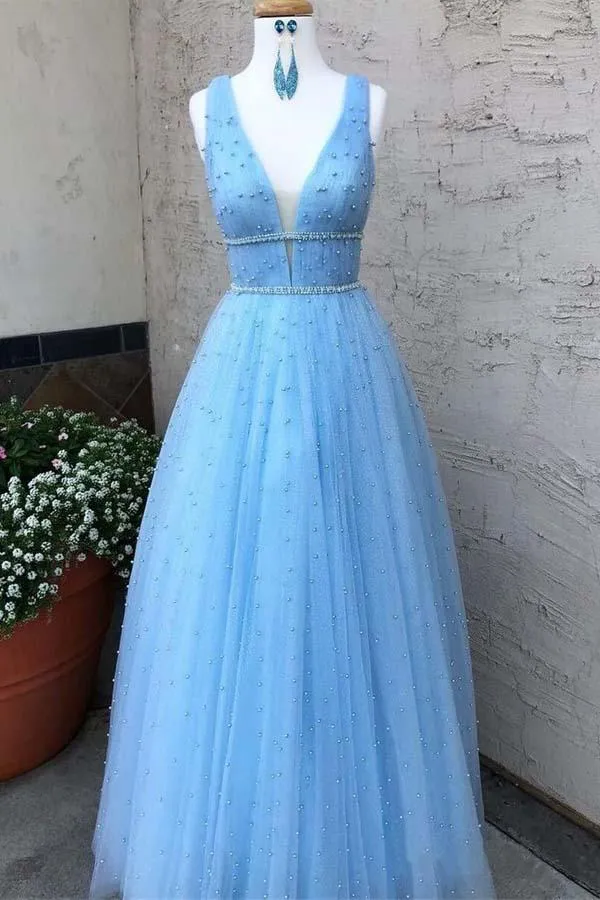 Blue Tulle Plunge V neck Occasion Prom Dress with scattering Beading