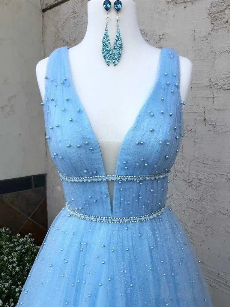 Blue Tulle Plunge V neck Occasion Prom Dress with scattering Beading