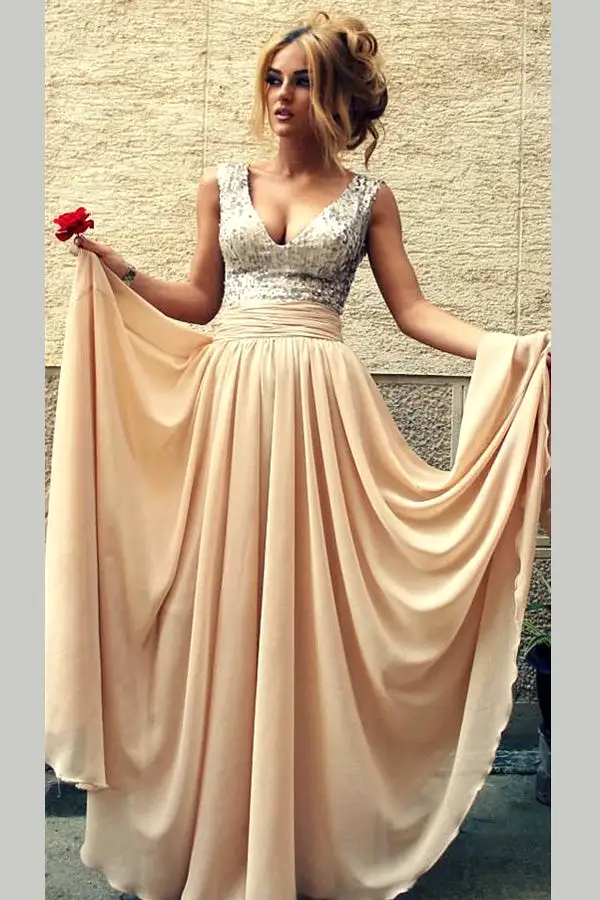 Blush A Line Floor Length V Neck Sleevless Sparkle Prom Dresses