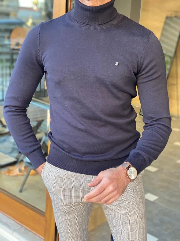 Bojoni Wilson Navy Blue Slim Fit Turtleneck Sweater