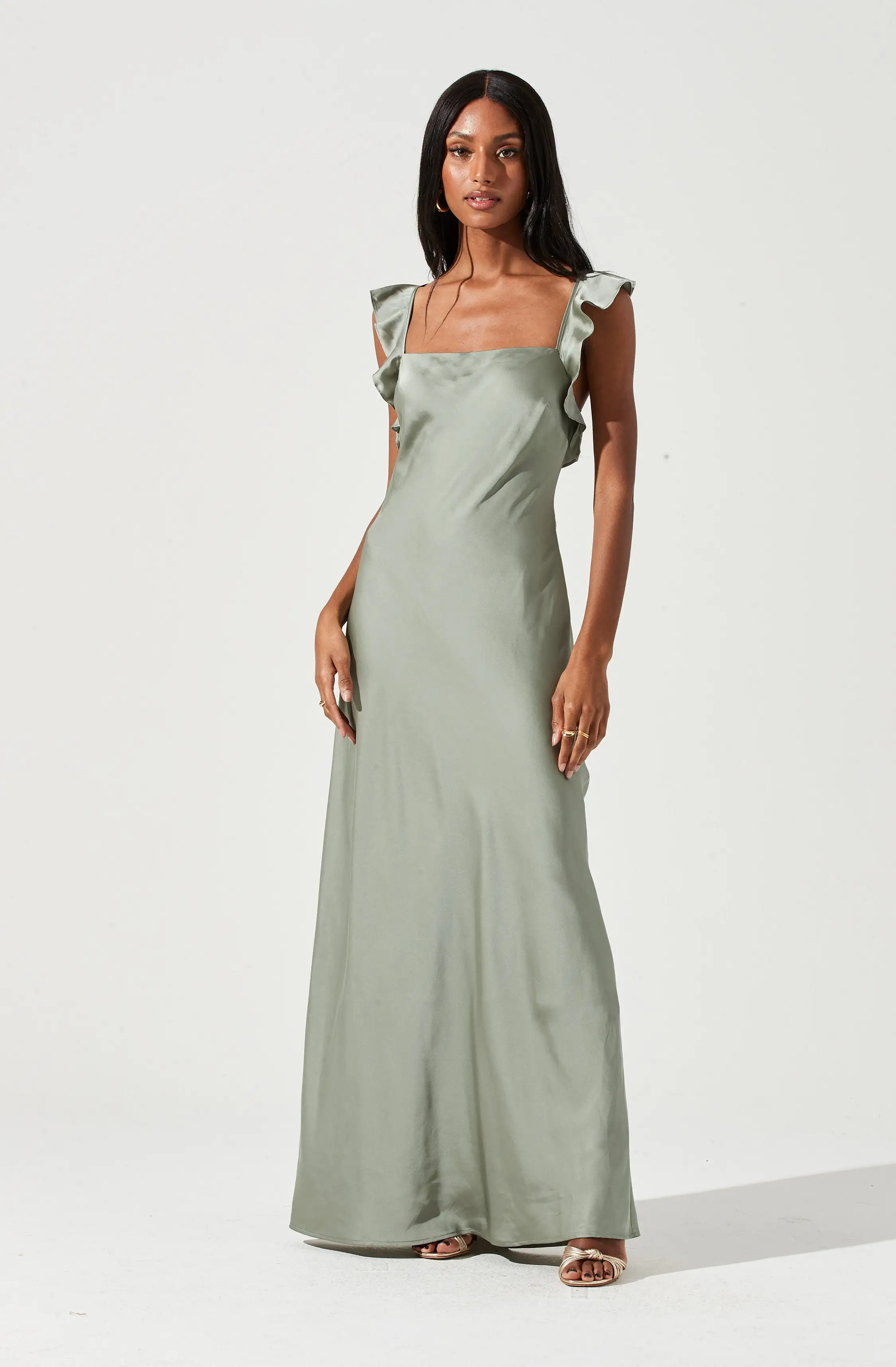 Bryna Ruffle Strap Satin Maxi Dress