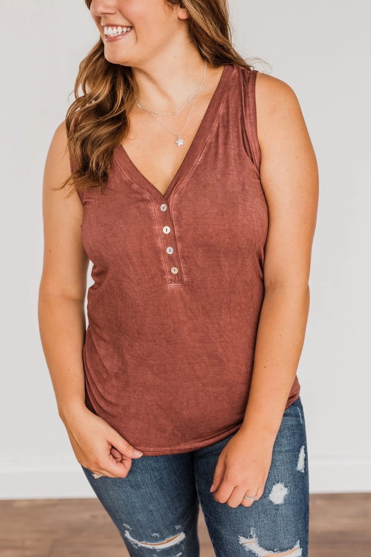 Charming Encounters Button Tank Top- Brick