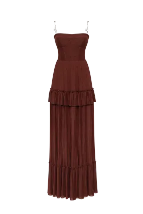 Chocolate spaghetti strap pleated maxi dress, Garden of Eden