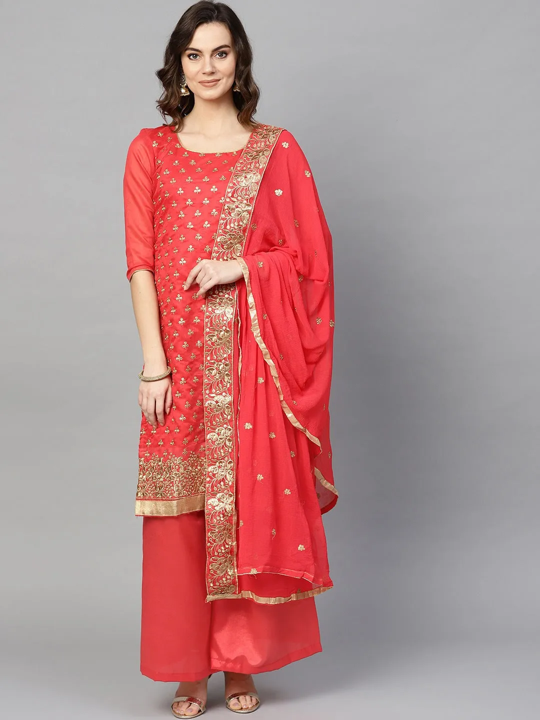 Coral Red & Golden Embellished Unstitched Dress Material