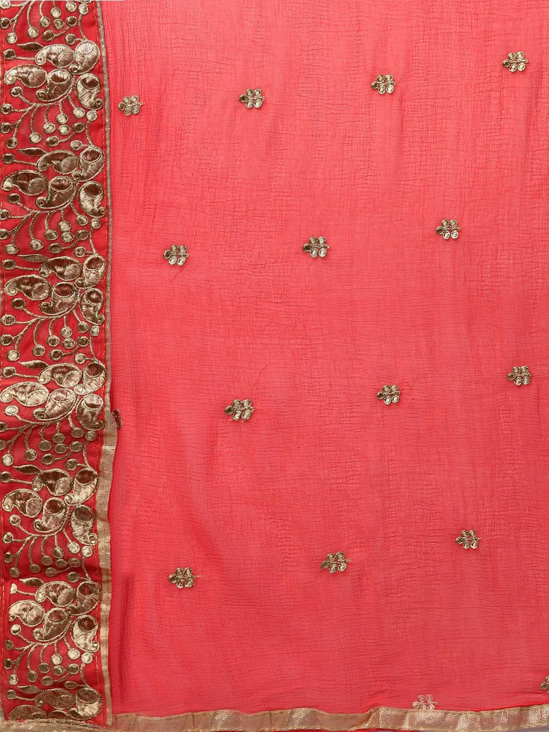 Coral Red & Golden Embellished Unstitched Dress Material