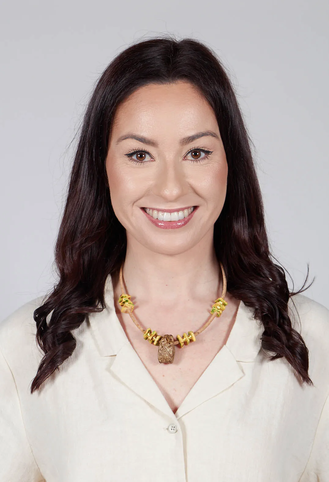 Cork Necklace with Yellow Speckled Beading in Khaki