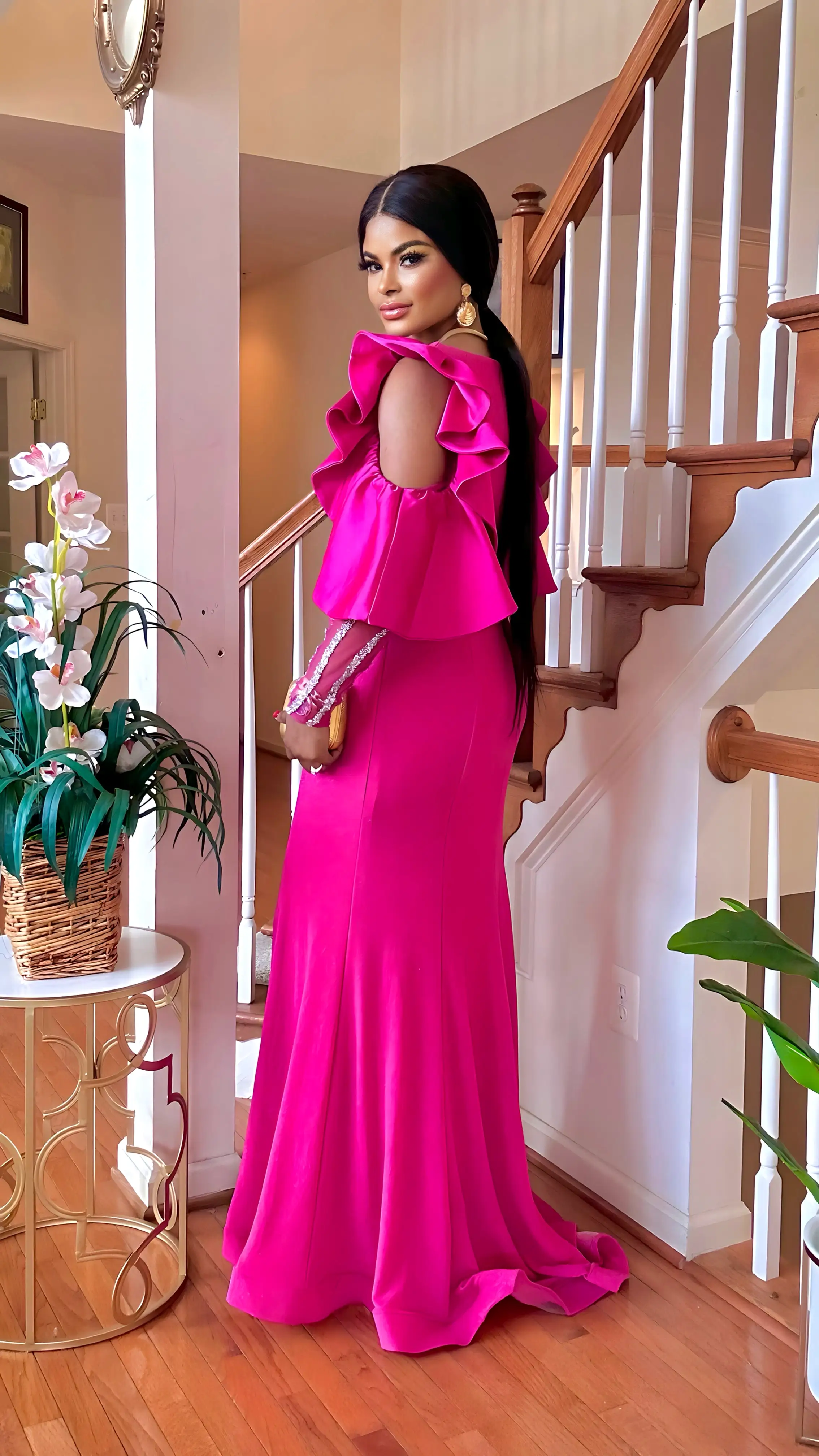 COUTURE RHINESTONE FLOOR LENGTH DRESS(PINK)