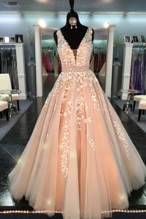 Deep V Neck Prom Dresses, Handmade Prom Gowns Lace Tulle Quinceanera Dresses, Modest Prom Gowns A Line Dresses, Cute Dresses, Dr