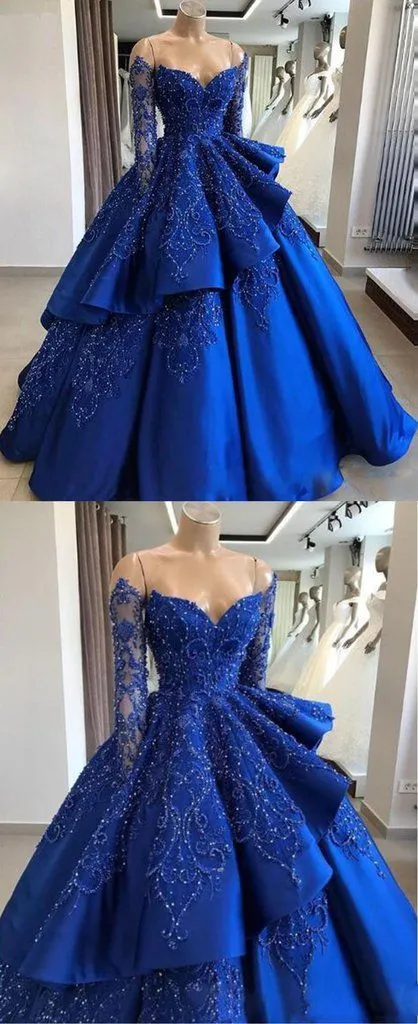 Delicate Sparkly Beading Ball Gown Satin Royal Blue Prom Dress with Sleeves Quinceanera Dress