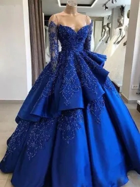 Delicate Sparkly Beading Ball Gown Satin Royal Blue Prom Dress with Sleeves Quinceanera Dress