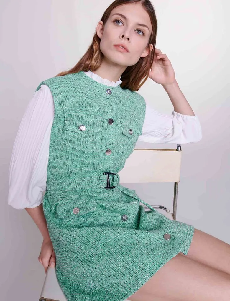 Dual-material tweed dress