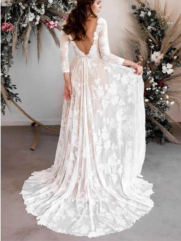 Elegant A-line Long Sleeves Backless Scoop Wedding Dress, WD0458