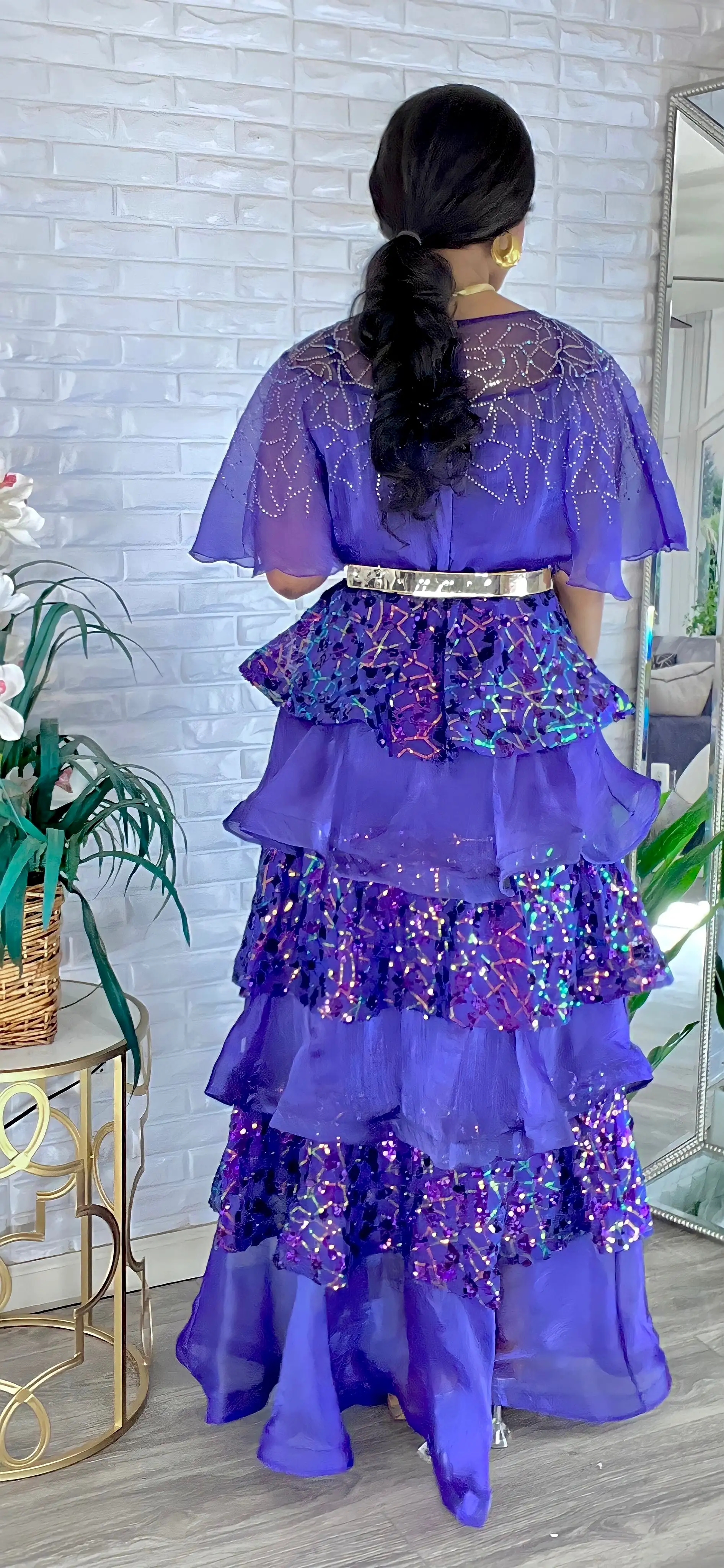 ELEGANT COUTURE RUFFLE FLOOR LENGTH DRESS(PURPLE