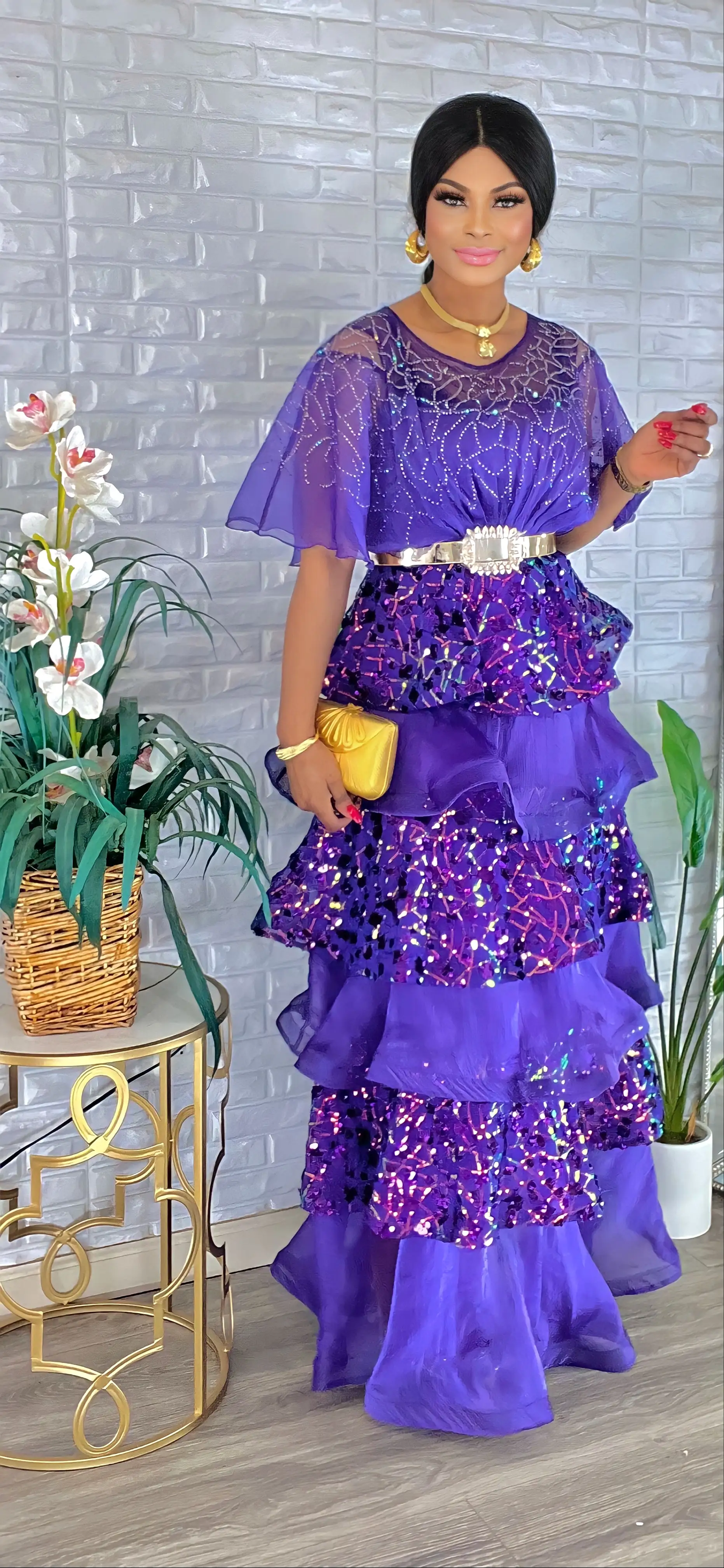 ELEGANT COUTURE RUFFLE FLOOR LENGTH DRESS(PURPLE