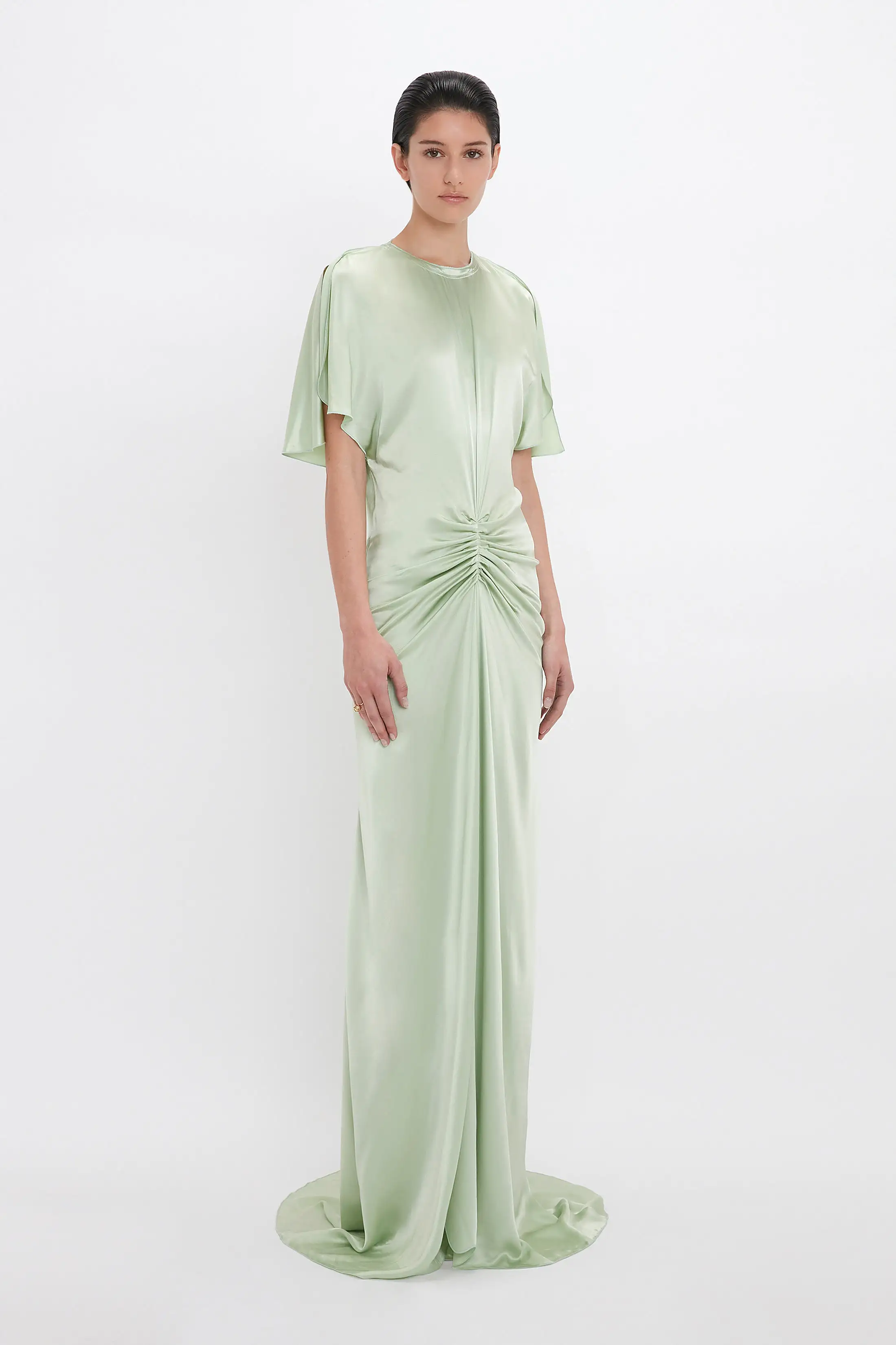 Exclusive Floor-Length Gathered Dress In Jade