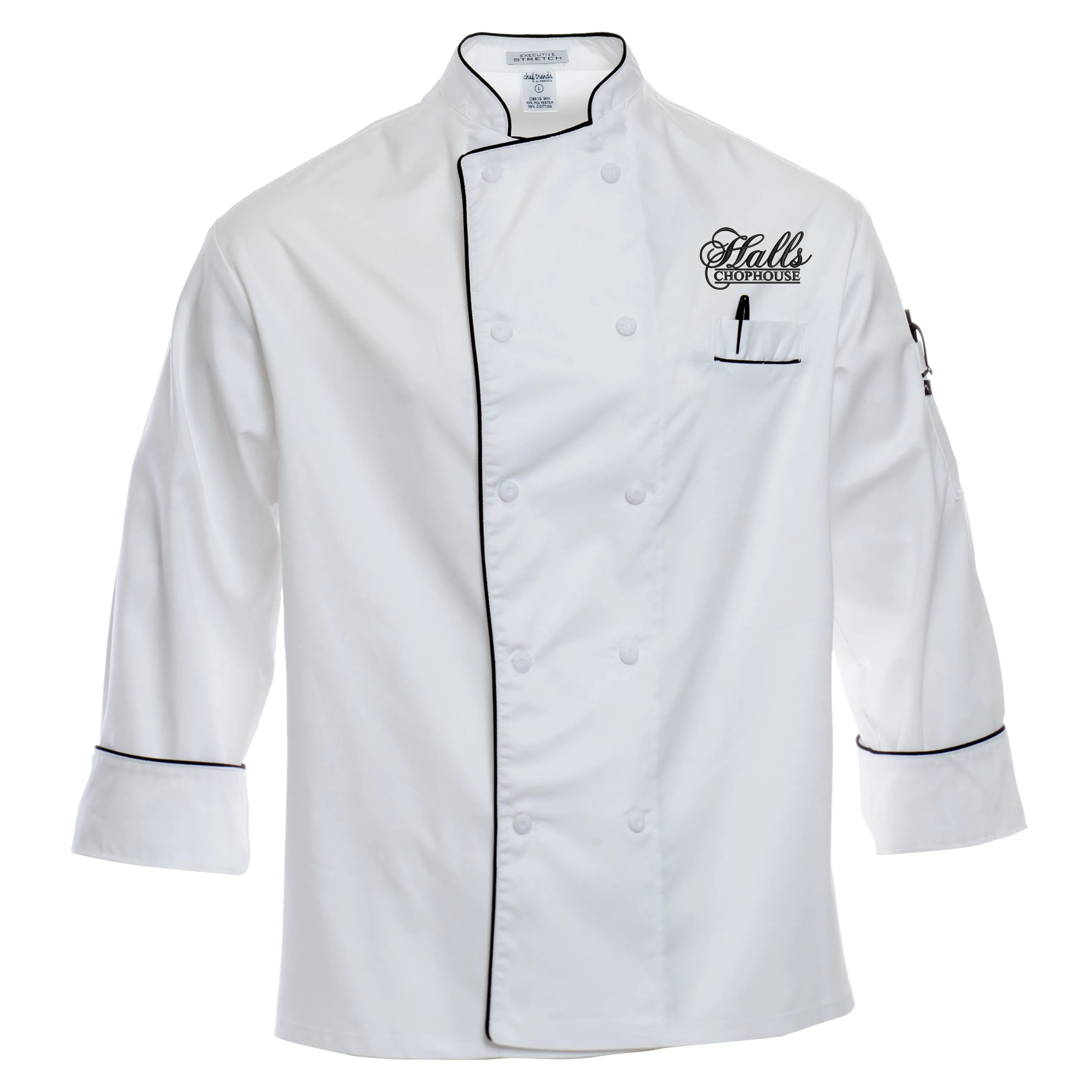 Executive Chef Coat with Cloth Covered Buttons and Piping