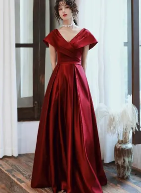 Fashionable Wine Red Satin A-line Floor Length Junior Prom Dress, Long Evening Dress