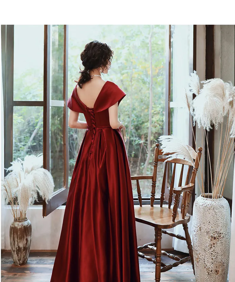 Fashionable Wine Red Satin A-line Floor Length Junior Prom Dress, Long Evening Dress