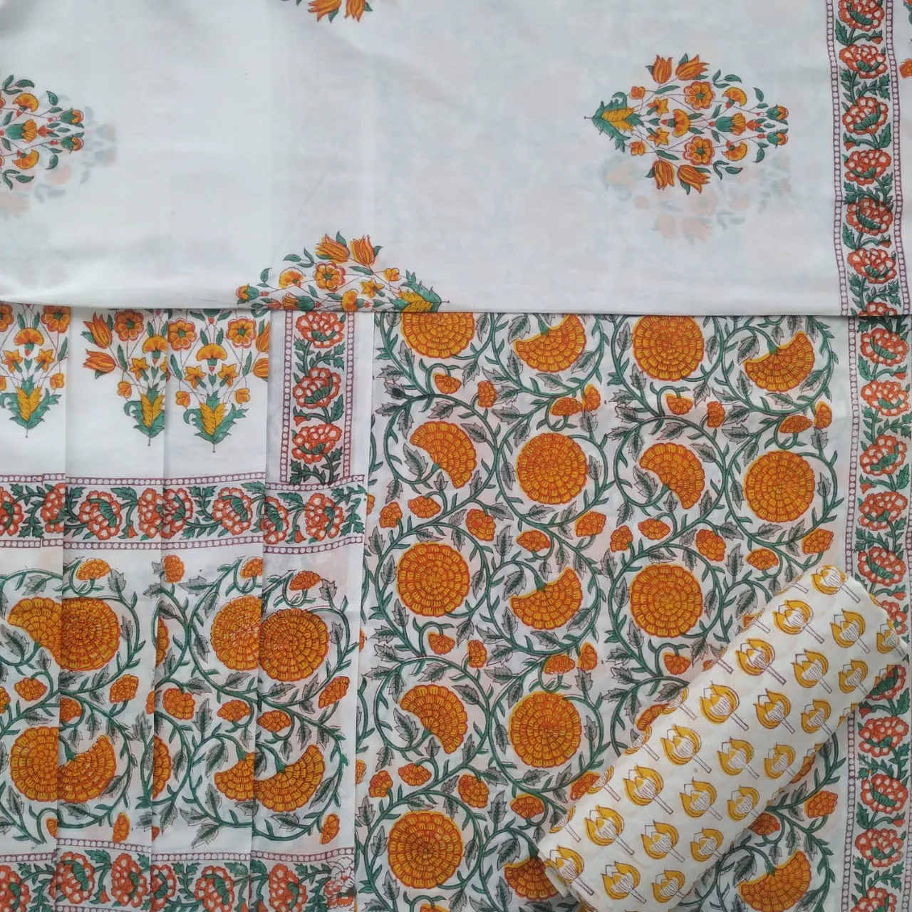 Floral Hand Block Print Pure Cotton Dress Material with Cotton Mulmul Dupatta (TMAL315)