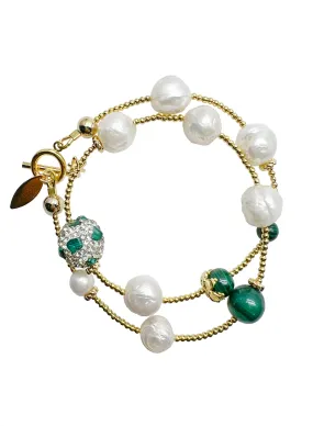 Freshwater Pearls With Round Malachite Double Wrapped Beading Bracelet JB015