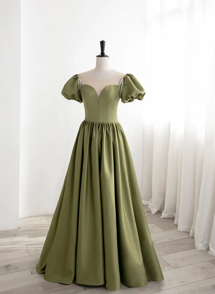 Green Satin Round Neckline A-line Floor Length Prom Dress, Green Short Sleeves Formal Dress